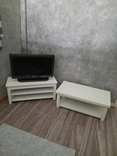 1.12 Scale Doll House White Wooden Tv Bench, Coffee Table And Tv