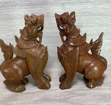 Vintage Pair Chinese Dogs Foo, Brown Hand Carved Wooden, Dragons/Lions Figurines