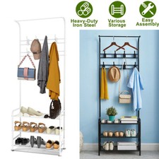 New Coat and Hat Stand 8 Hooks Metal Shoe Rack 3 Tiers Shelf Hanger Black 180CM