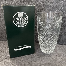 Beautiful Thomas Webb Cut Glass Vase, 10" tall,  5.5" across rim In Box