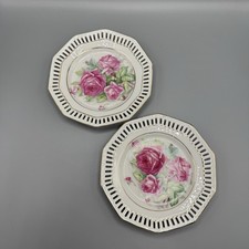2 x Vintage Schumann German Pierced Trim Rose Flowers Design Plates