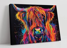 COOL MULTI COLOUR HIGHLAND COW CONTEMPORARY CANVAS WALL ART PICTURE PRINT