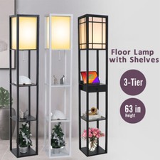 Floor Lamp with Storage Shelf Standing Light Linen Shade Bedroom Livingroom Wood