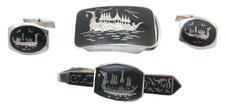 Siam Nielloware Sterling Vintage Cufflink Tie Bar Buckle Set Original Box ES9440