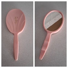 Vintage Pink Plastic Hand Held Mirror, Gold Floral Detail.  Made in England
