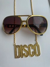 Bundle: Two Piece Gold Disco Gangster Sunglasses and Chain Adult Costume Accesso