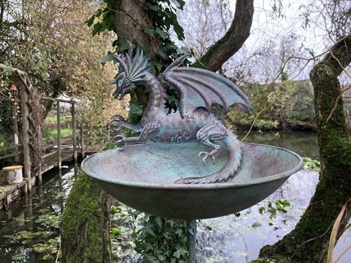 Metal blue dragon bird - bath, /