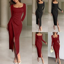 Women Sexy Maxi Dress Ladies Long Sleeve Split Evening Cocktail Party Bodycon