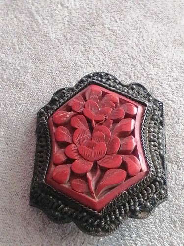 Cinnabar vintage brooch - brooch, carved