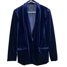 INC Blue Velvet Blazer Jacket Women Large Stretchy Holiday Party Formal Glam NYE