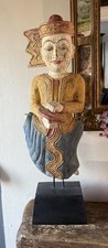  Burmese Carved Wood Thai Asian Musician Tall Wooden Stand Crackle Shabby Paint 