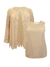 Ladies Occasion Size 14 Beige Gold Beaded Jacket + Camisole Top SUIT Wedding Set
