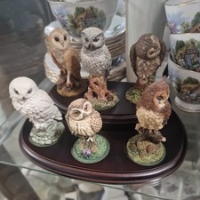 Vintage 6 ROYAL DOULTON Owl Figurines on wooden display stand lot 1