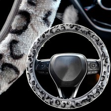 Universal Car Steering Wheel Cover Fluffy Plush Leopard Cow Print Winter Women,