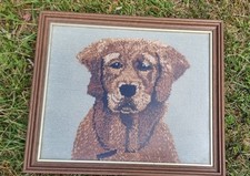 Vintage Embroidery Needlepoint Golden Retriever Framed Labrador Cross Stitch  