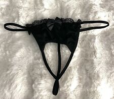 Sexy Black Lace Satin Bow Crotchless Thongs - Size 8-10 - New