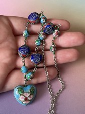 Vintage Chinese Cloisonné Enamel Puffy Heart & Bead Floral Necklace Adjustable 