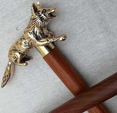 Brass wolf head handle walking - brass,
