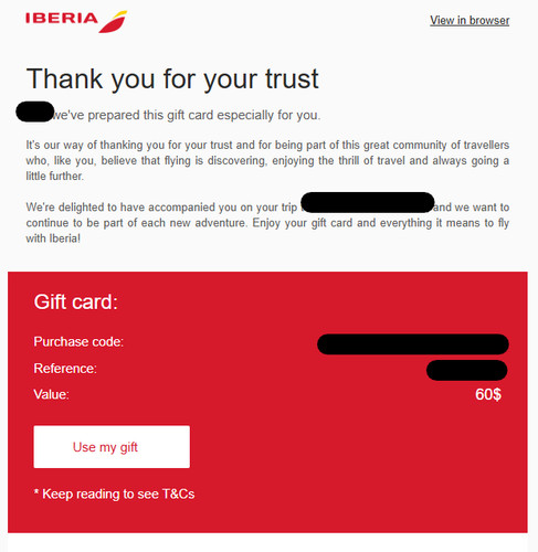 Iberia flight voucher gift - $60,