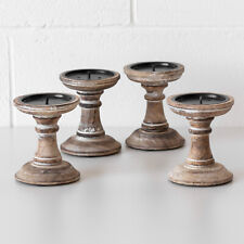 Set of 4 Short Brown Whitewash Wooden Pillar Candle Holders Rustic 13cm Small