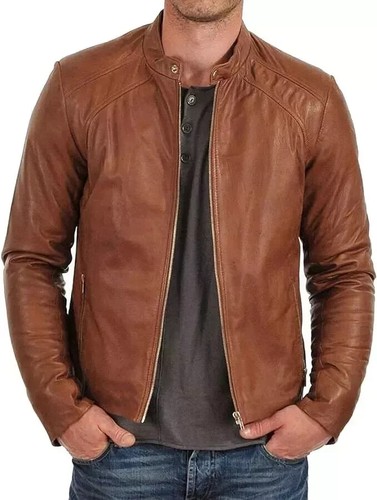 Men leather jacket brown slim - leather,