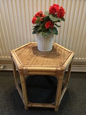 VINTAGE CANE BAMBOO WOVEN WICKER SIDE TABLE HEXAGONAL TABLE.