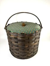 Vintage Round Wicker Woven Basket With Fabric Covered Lid Handle Farmhouse