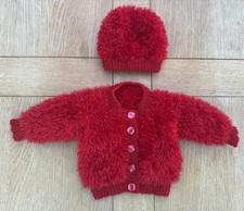 Hand knitted bright red Funky Fur baby jacket & hat set - 0 - 3 months