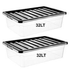 2x 32L Underbed Storage Boxes Black Lid Box Stackable Container Home Office Tidy