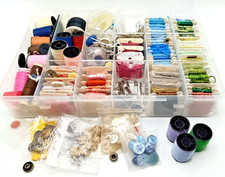 SEWING CRAFTING THREADS BOX. BUTTONS. TOOLS. PIN BADGE BACKS. HANDY BITS & BOB