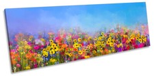 Floral Flowers Repro Blue PANORAMA CANVAS WALL ARTWORK Print Art