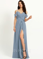 A-Line V-neck Floor-Length Bridesmaid Dress With Ruffle Split Front