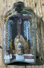 KJS3186 19c antique German Folk Art Potiled Aqua Glass Bottle Calvary Diorama 