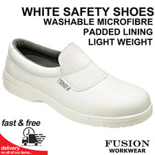 WHITE SAFETY SHOES,SLIP ON,MICROFIBRE UPPERS,ANTISLIP SOLE,FW81. STEEL TOE CAP