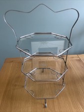 Vintage Art Deco Chrome Plated Star Etched Glass Shelf Cake Stand Three Tier