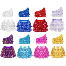 Girls Sparkly Sequin Dance Outfit Crop Top with Tiered Skirt Jazz Latin Costume
