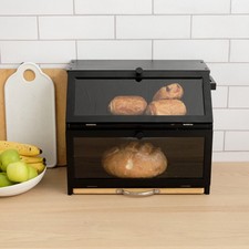 Bamboo Bread Bin Double Layer Kitchen Storage Box Large 2 Tier Cutting Board UK