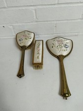 Vintage Dressing Table Set - Gold Coloured Metal Frame. Embroidered Backs.