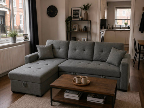 Grey fabric corner sofa bed - sofa,