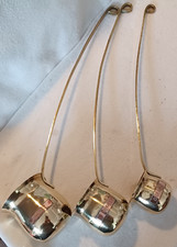 VINTAGE SET OF 3 BRASS, WITH COPPER WRITTEN WHISKEY, BRANDY, RUM-MEASURING LADEL