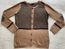 TK MAXX Carling Beige Black Stripe Wool Blend Crew Neck Cardigan size S Chest 36
