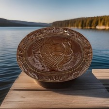 Vintage Large Oval Turkey Serving Platter Brown Glazed Pottery Dish 39cm x 29cm