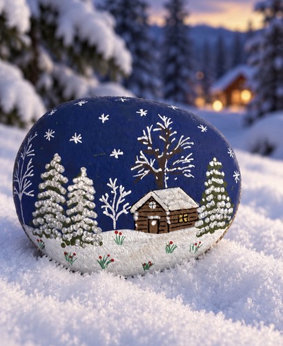 Hand painted winter cabin - hand,