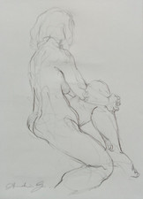 Original pencil drawing of a female nude seated back profile with raised leg