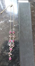 Pretty Pink Rose Necklace With Pink Stones,Silver Plated. 36+6cm Length. Boxed