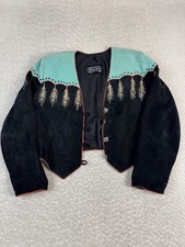 Patty Lewis Leather Jacket Womens M Black Turquoise Western Feather Embroidered