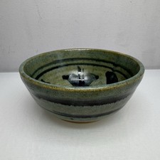 Hand Made Studio Pottery Bowl Rustic Light Green, Dark Green, Dish, Display