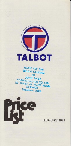 Talbot price list - list, sunbeam