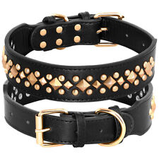Soft Leather Pet Dog Collar Gold Rivet Studded Adjustable for Medium Large Dogs