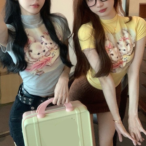 Stylish cat print short sleeve - cat,